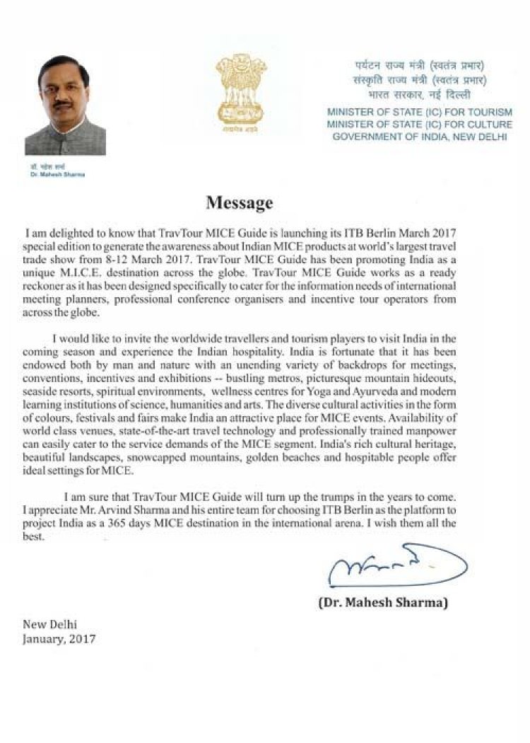 Dr Mahesh Chand Sharma, Minister of Tourism, Govt. of India praises TravTour MICE